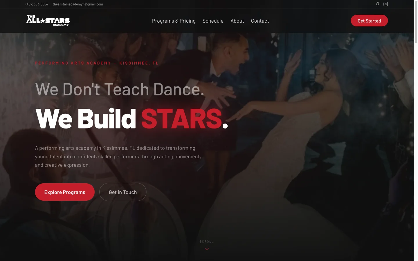 The All-Stars Academy homepage with a full-screen photo of dancers and the headline We Build Stars