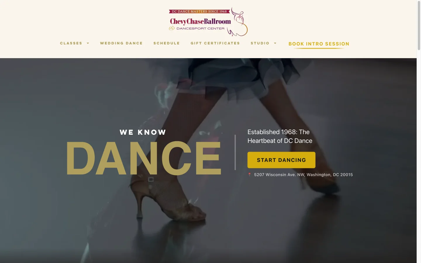 Chevy Chase Ballroom homepage with a dark hero of dancing feet and the headline We Know Dance