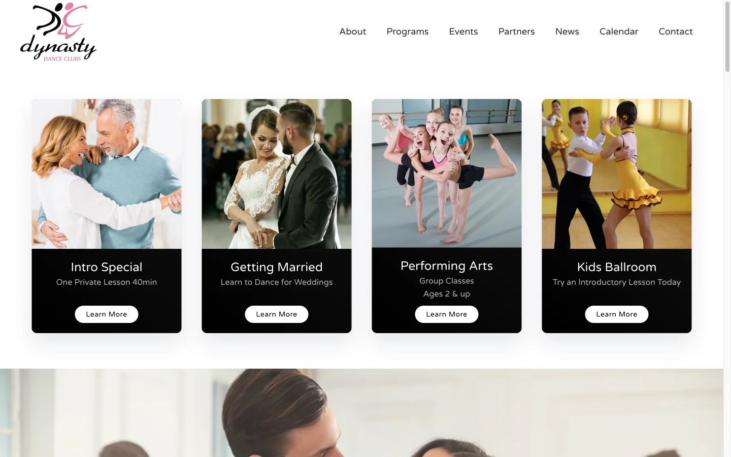 Dynasty Dance Clubs homepage showing its dance program cards for intro specials, wedding couples, performing arts, and kids ballroom