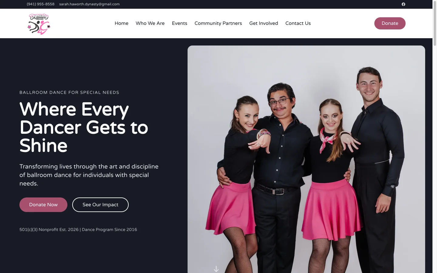 Dynasty Stars Foundation homepage with the headline Where Every Dancer Gets to Shine beside a photo of four dancers