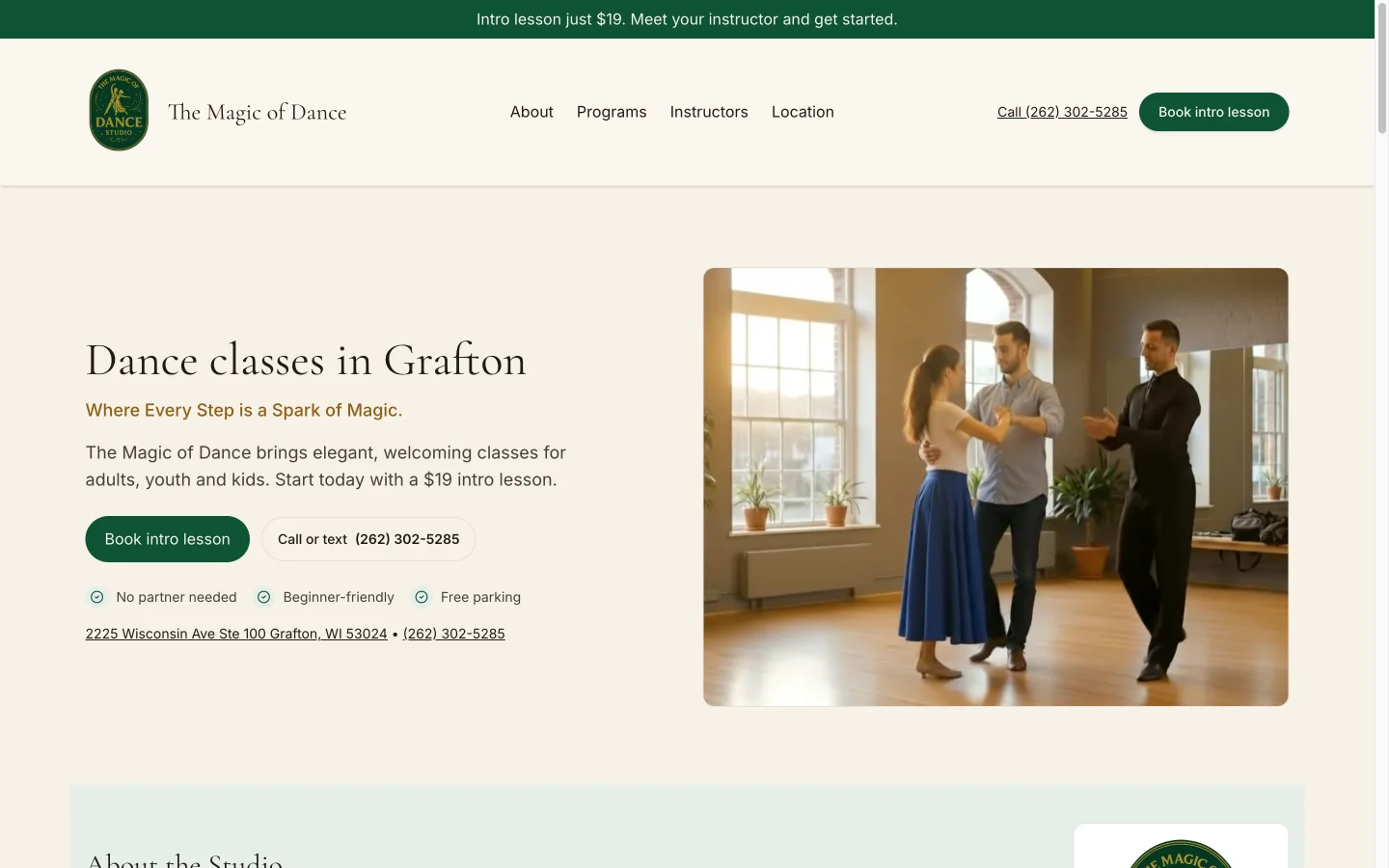 The Magic of Dance homepage introducing dance classes in Grafton beside a photo of a couple dancing in a sunlit studio