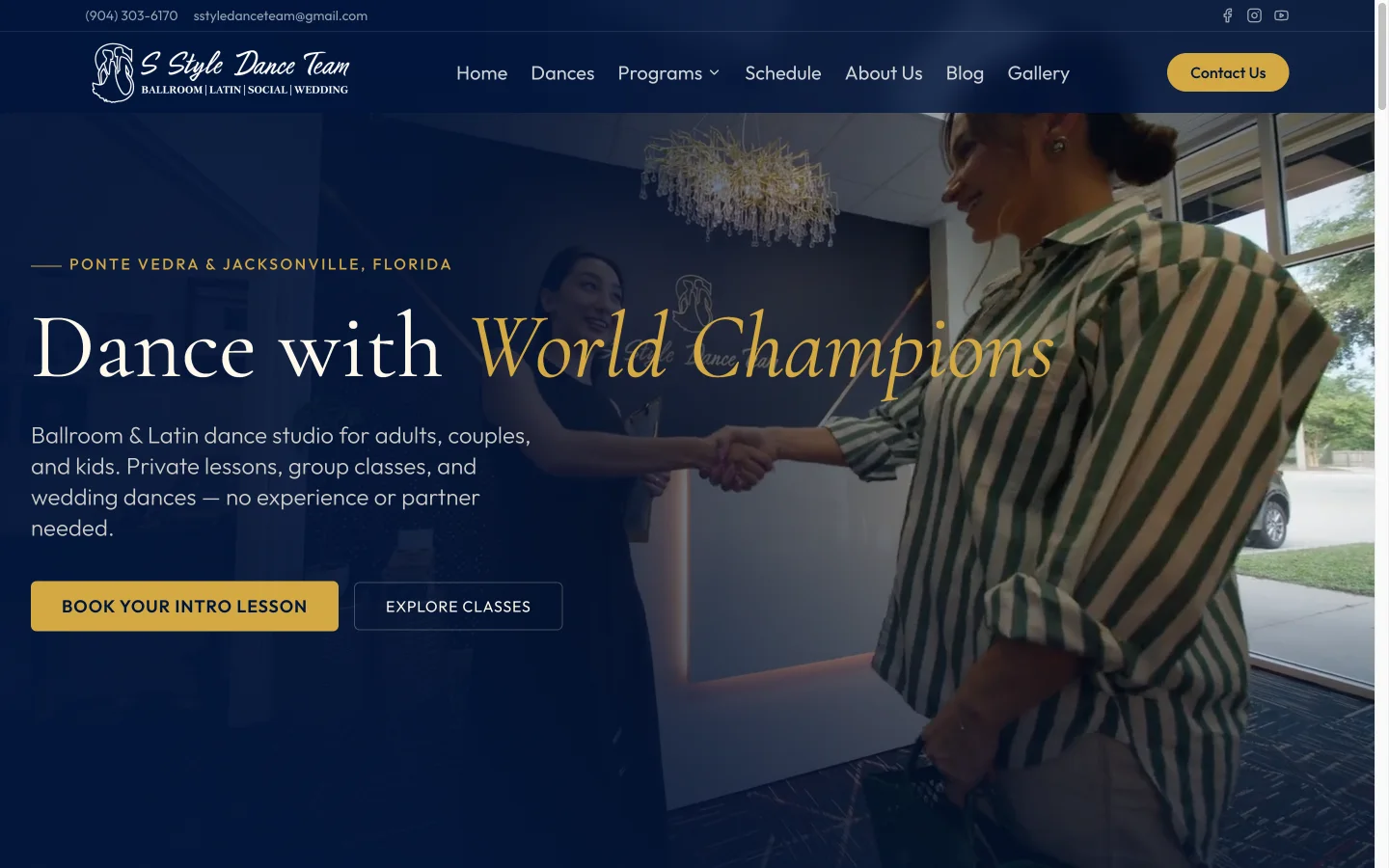 S Style Dance Team homepage with a navy and gold hero reading Dance with World Champions