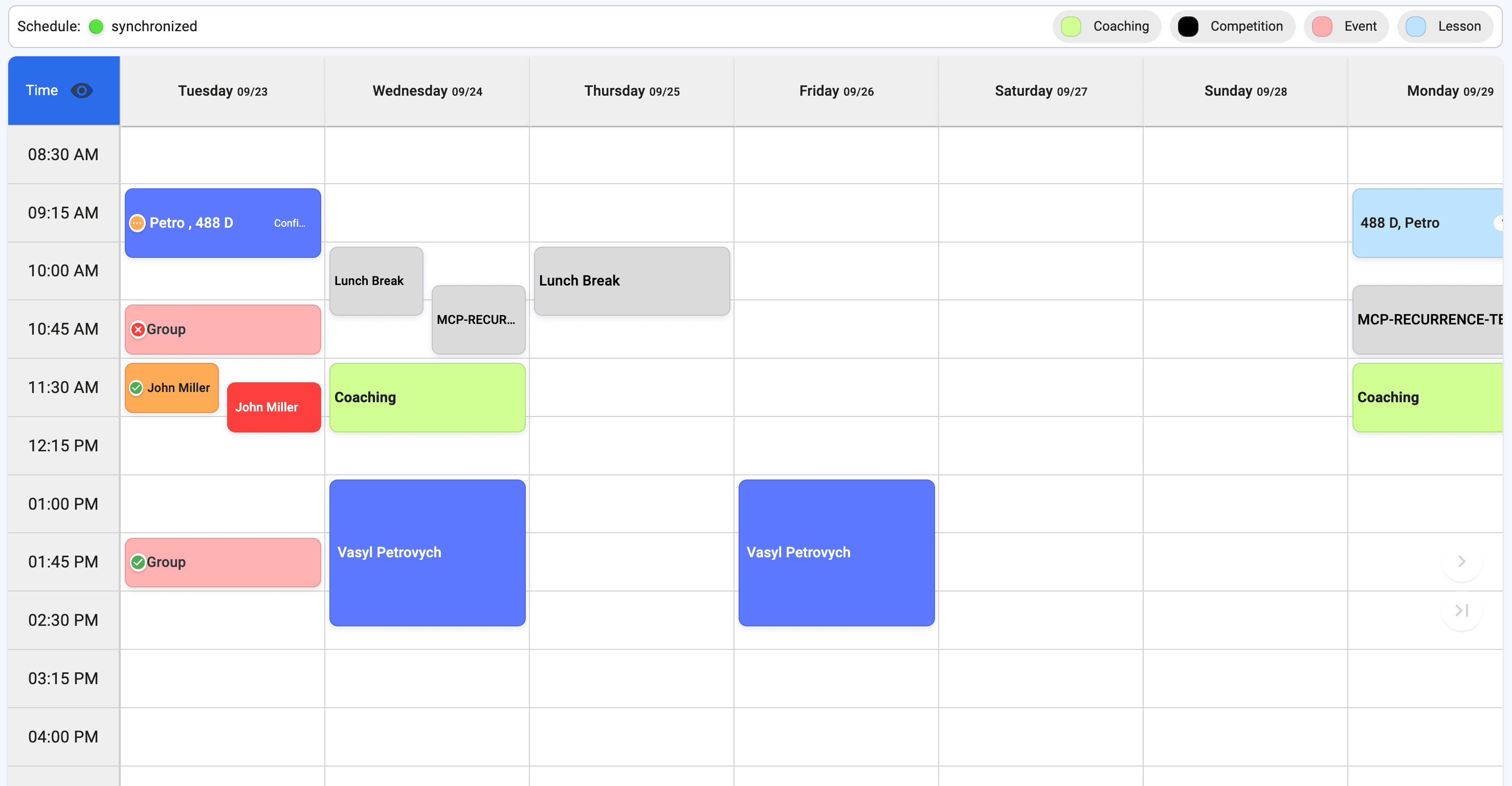 Weekly class calendar