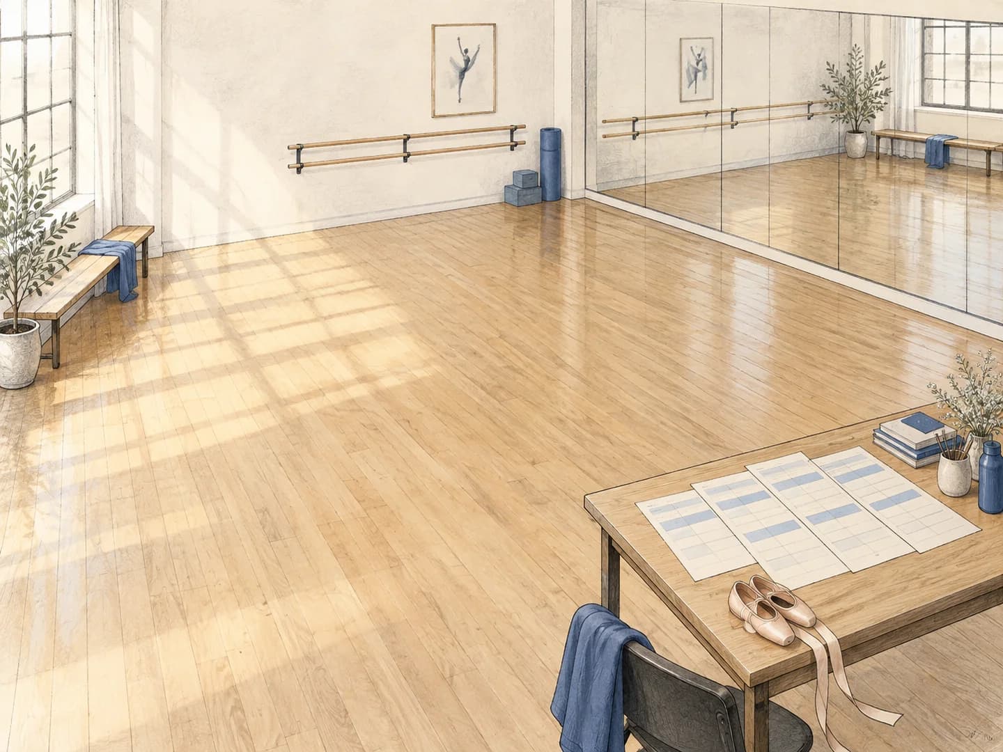 Drawing of a dance studio with a class schedule on a desk