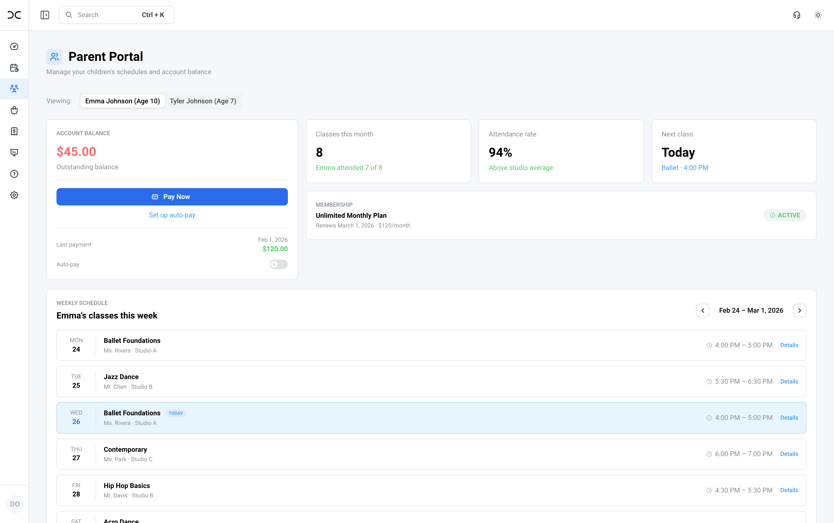 CRM Dance parent portal showing a schedule and account balance