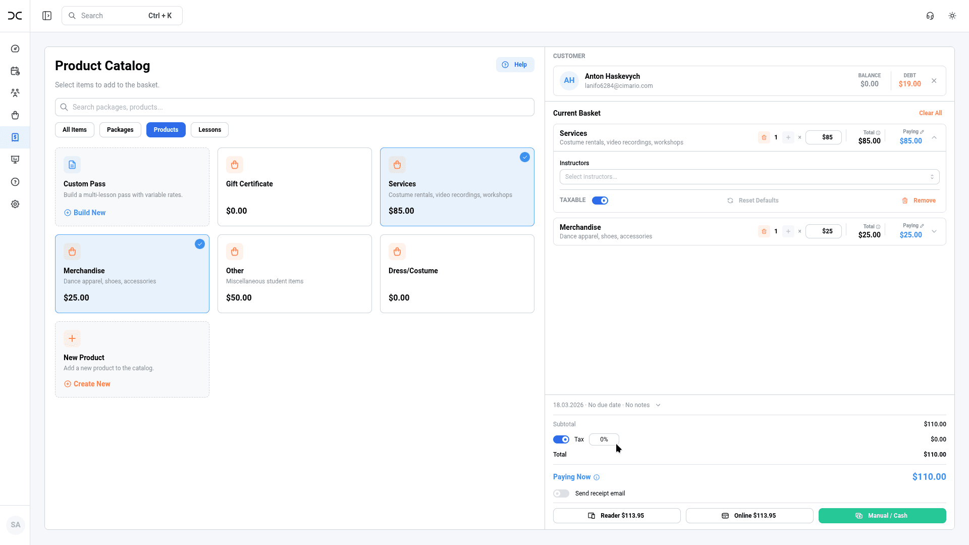 CRM Dance sell center showing products and a payment basket