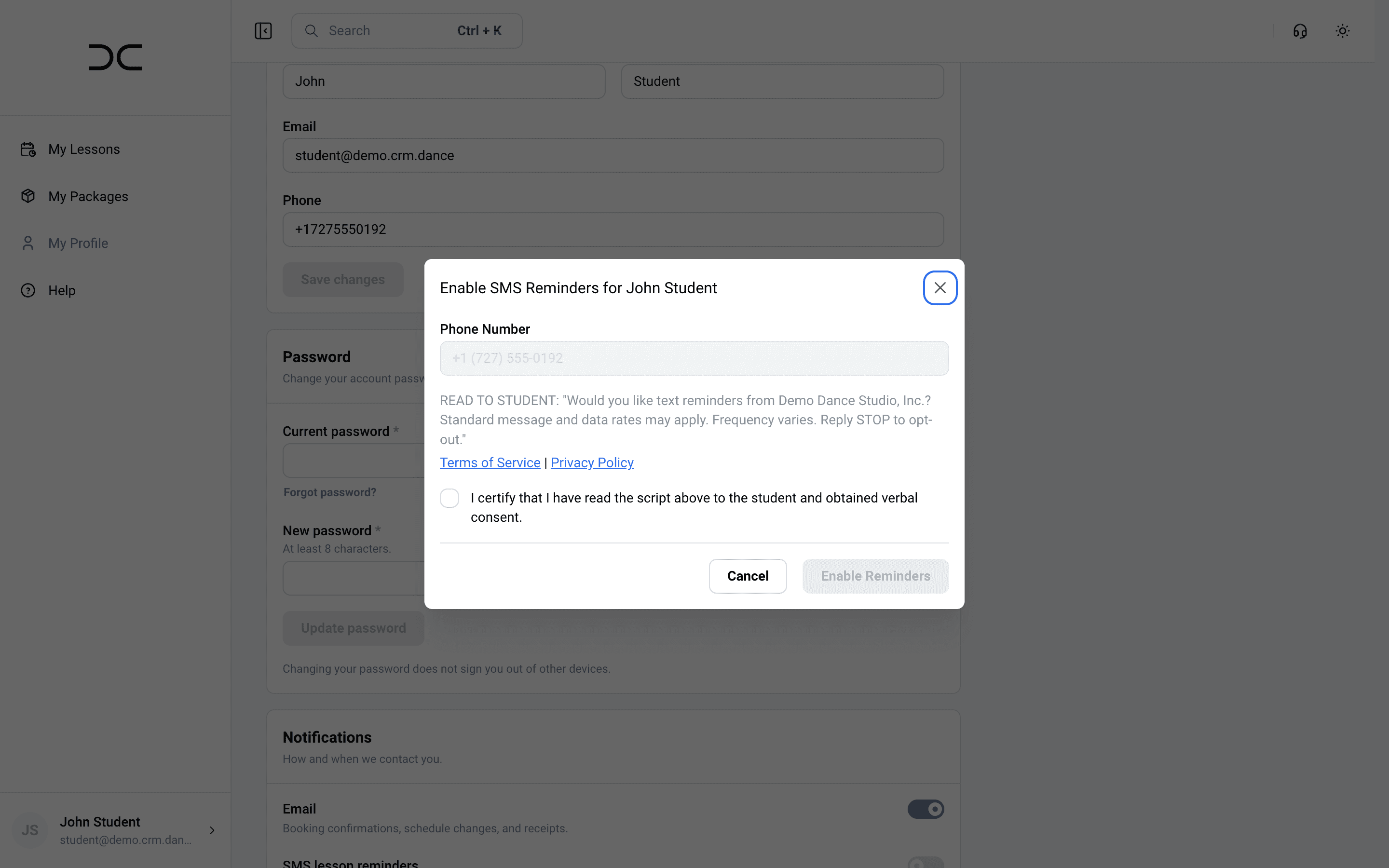 CRM Dance self-serve consent dialog with disclosures, Terms of Service and Privacy Policy links, and an affirmative consent checkbox