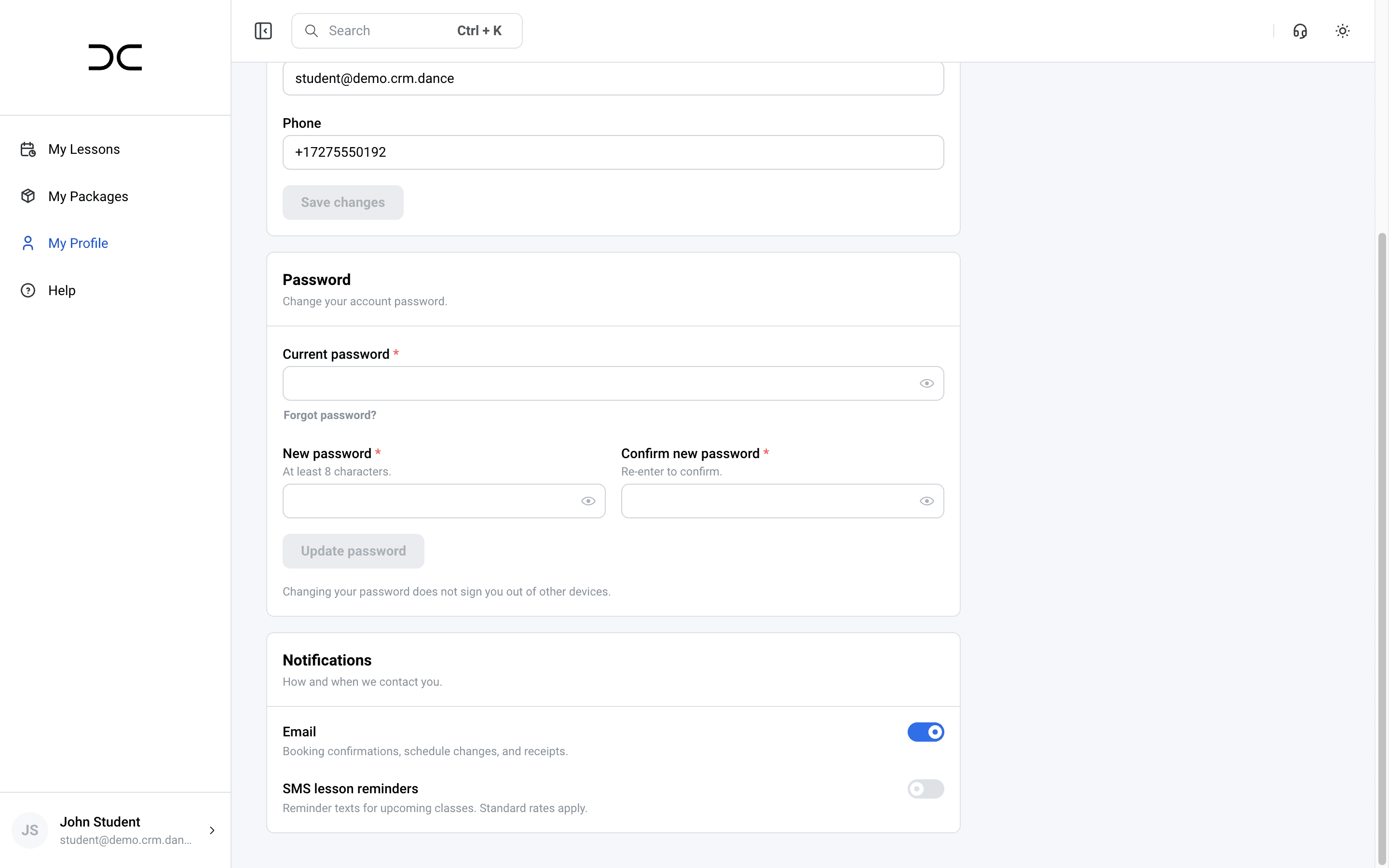 CRM Dance client profile page showing the Notifications section with the SMS lesson reminders toggle