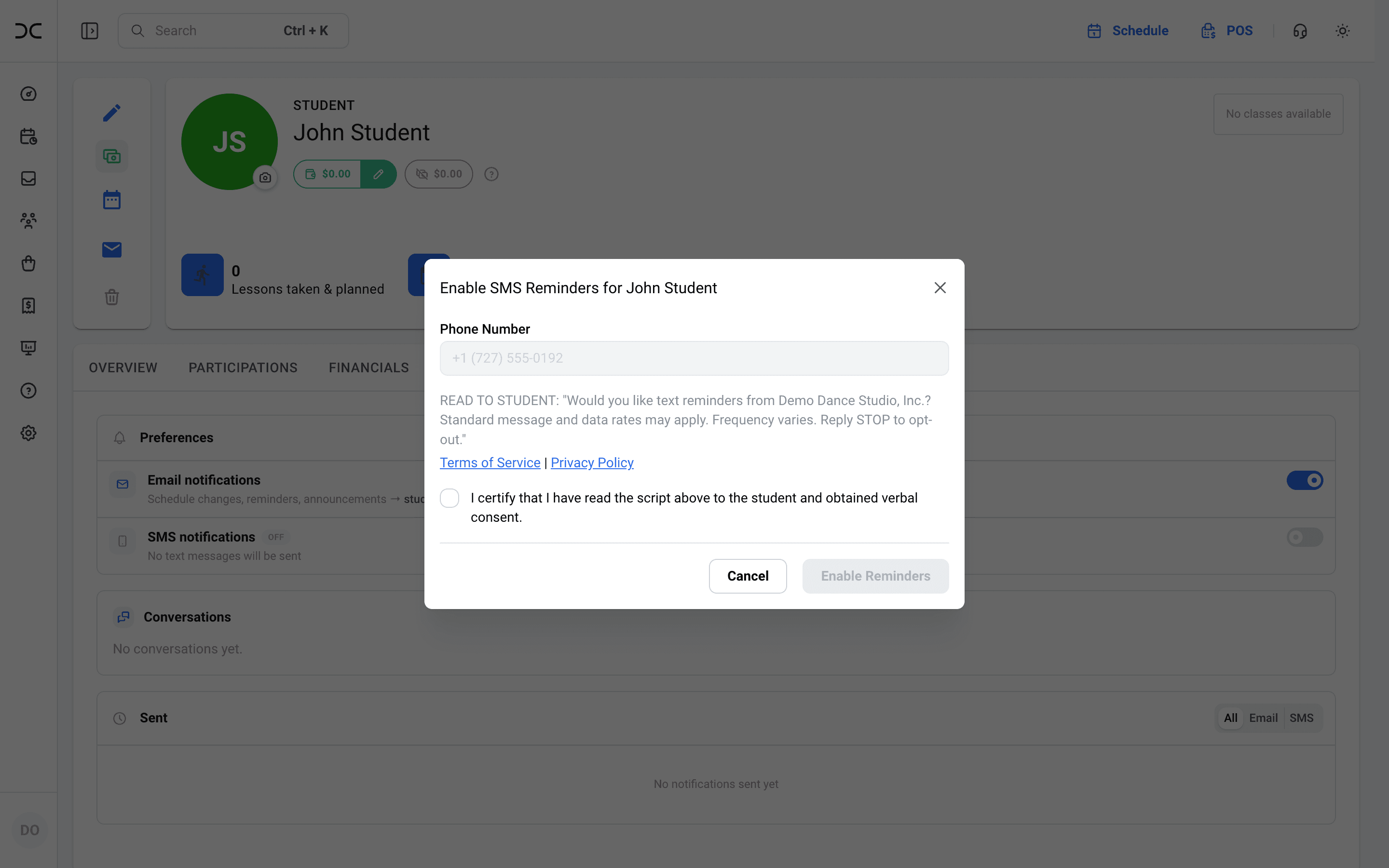 CRM Dance staff consent dialog requiring a verbal consent script to be read to the student and a certification checkbox before SMS reminders can be enabled