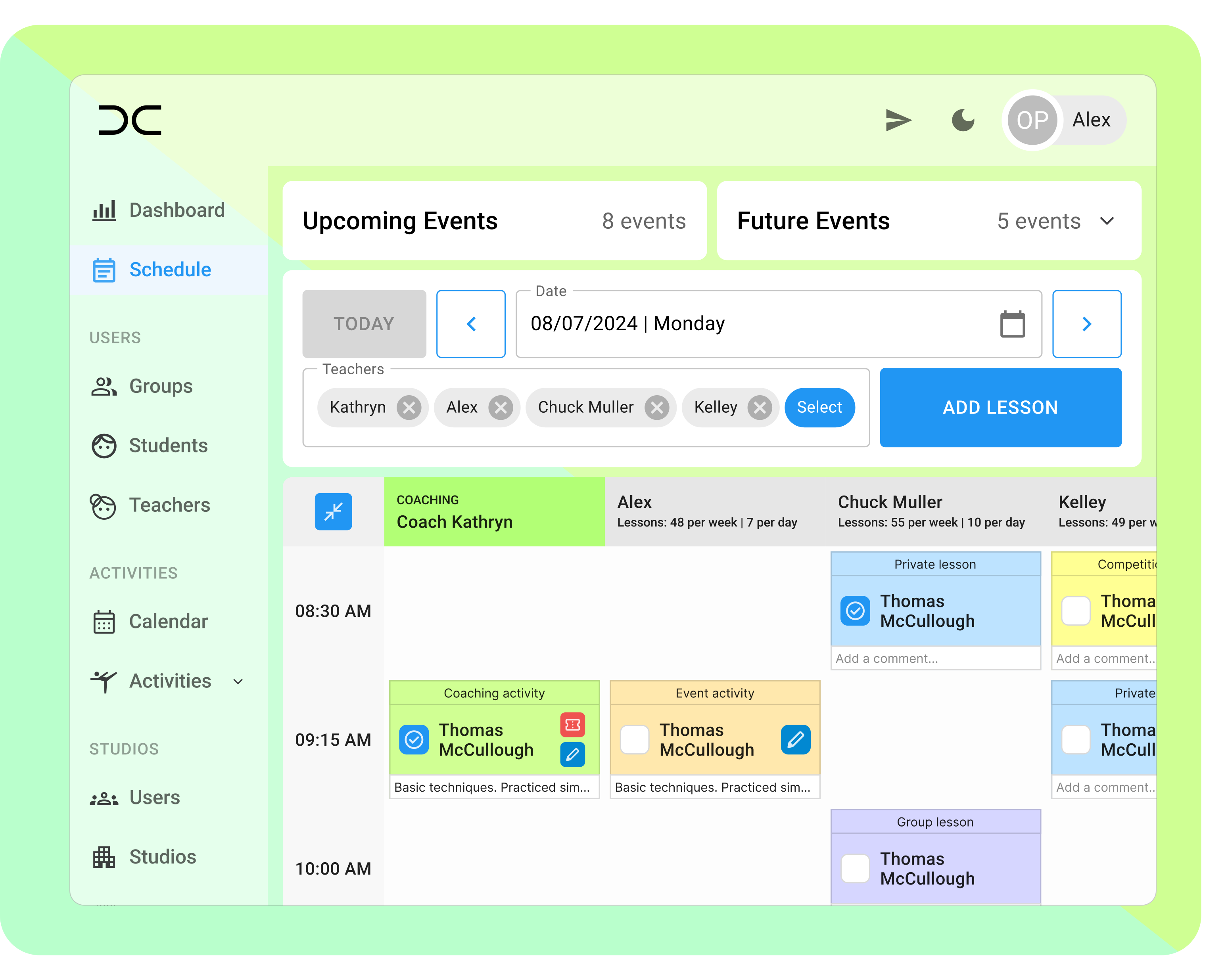 Screenshot from CRM Dance application with opened 'Schedule' page