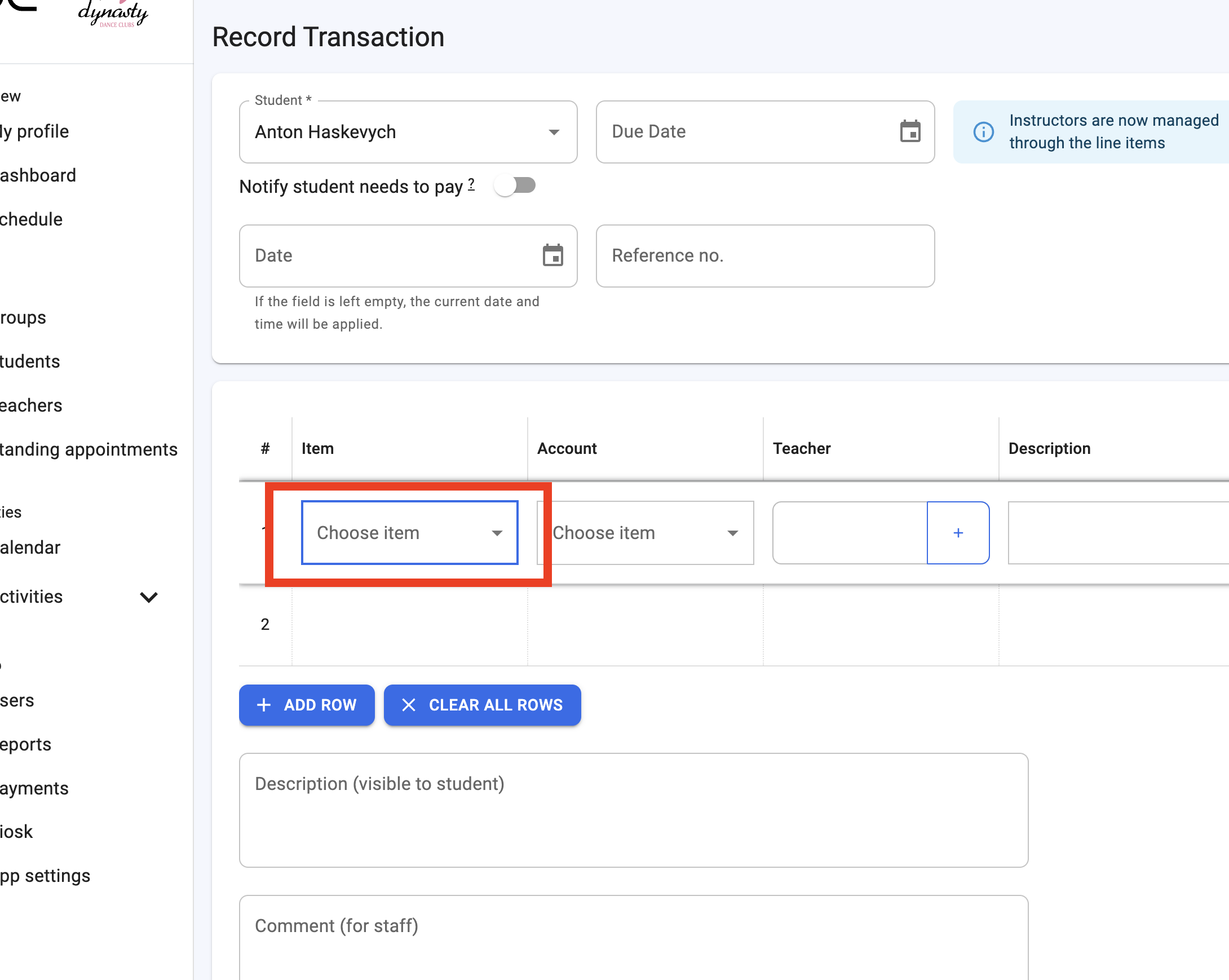Choose Transaction Item for Transaction