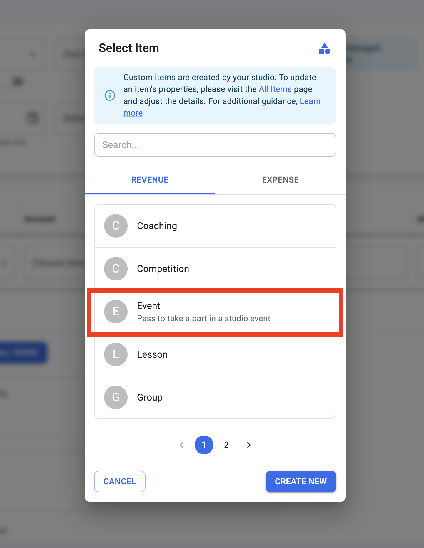 Choose Transaction Item from Modal