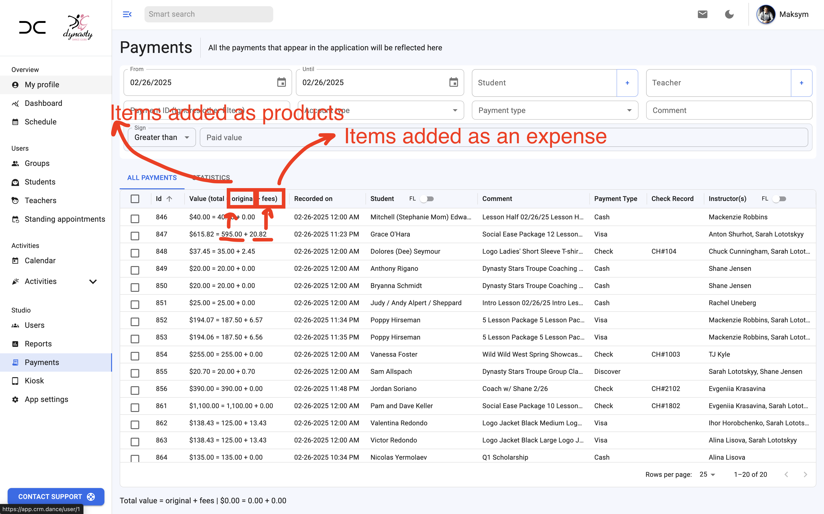 Screenshot: Report Showing Impact of Different Transaction Item Types