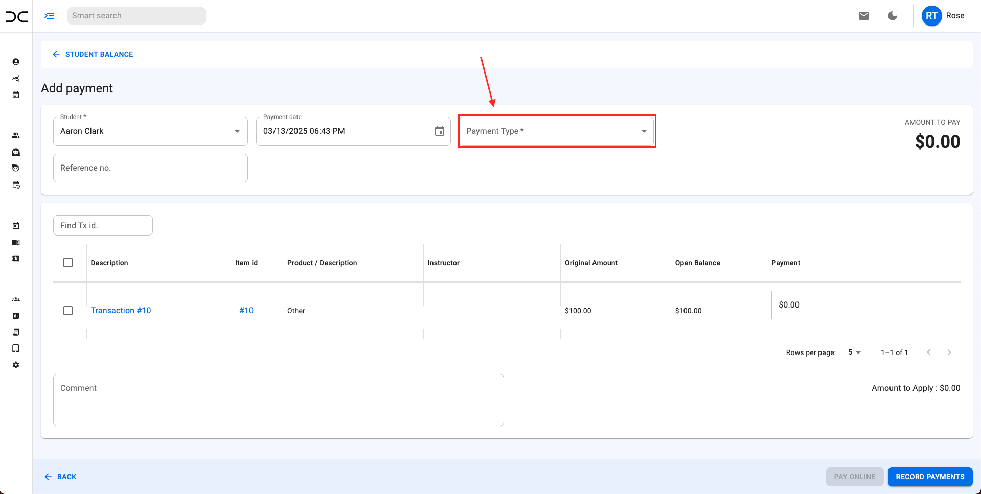 select payment type
